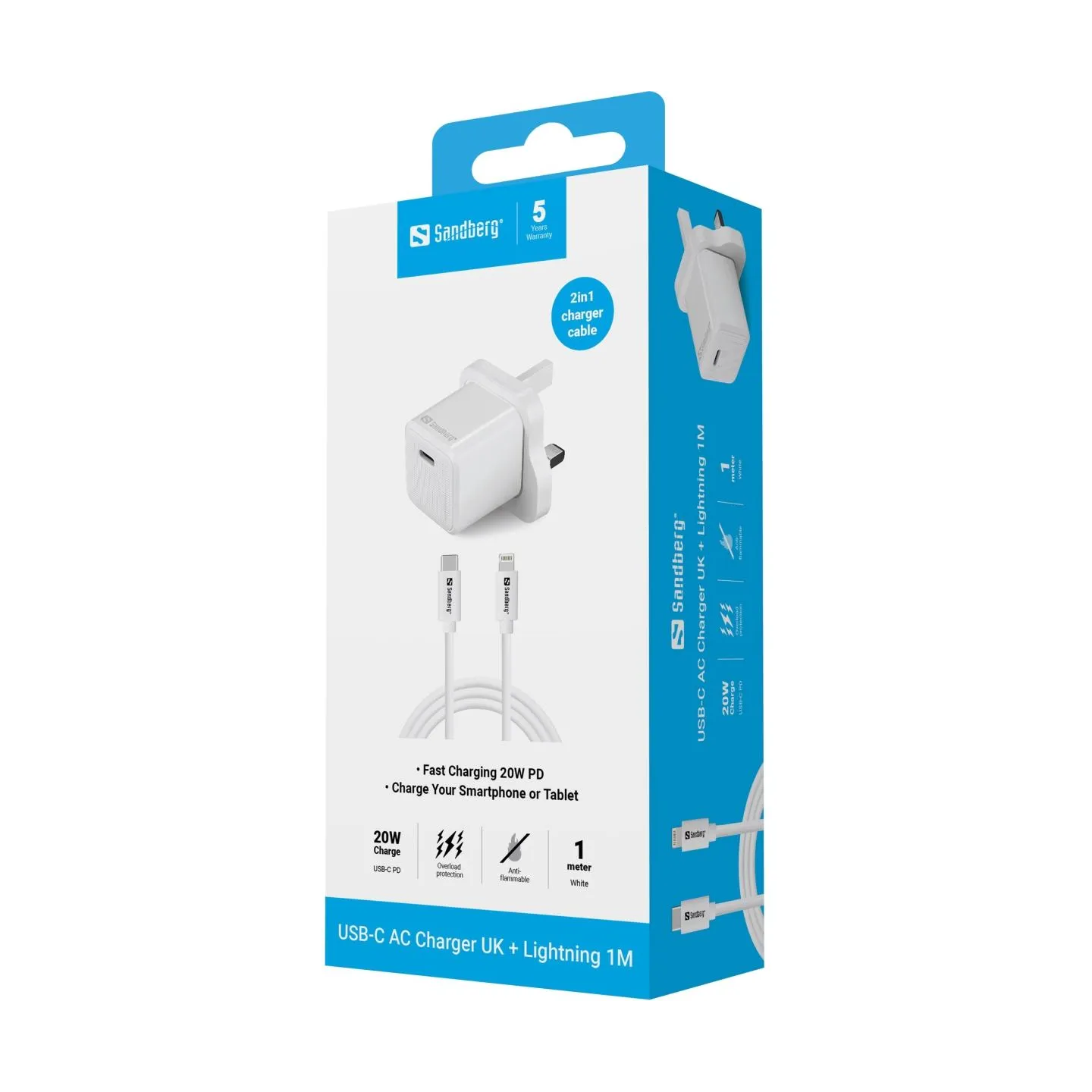 Sandberg 441-64 USB-C 20W Charger UK+Lightning, Incl. 1m USB-C> Lighting cable