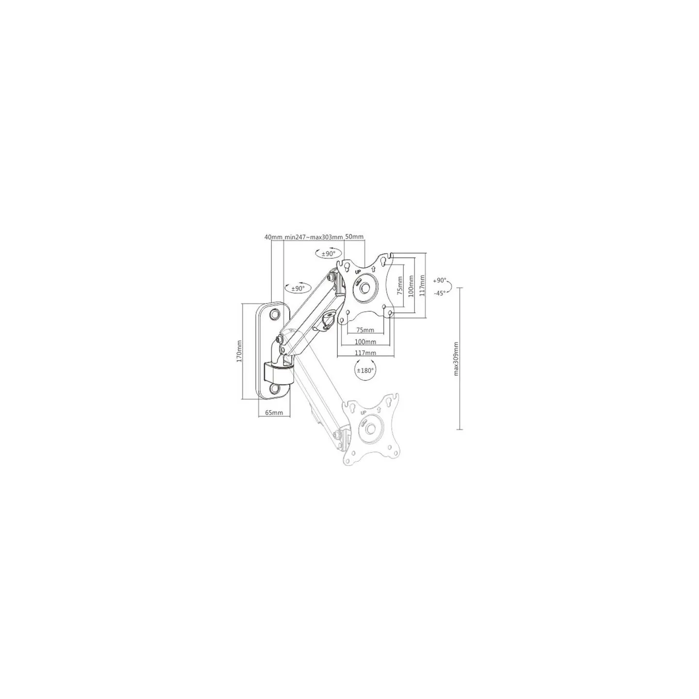 Gembird Adjustable wall display mounting arm, up to 27 inches/7 kg