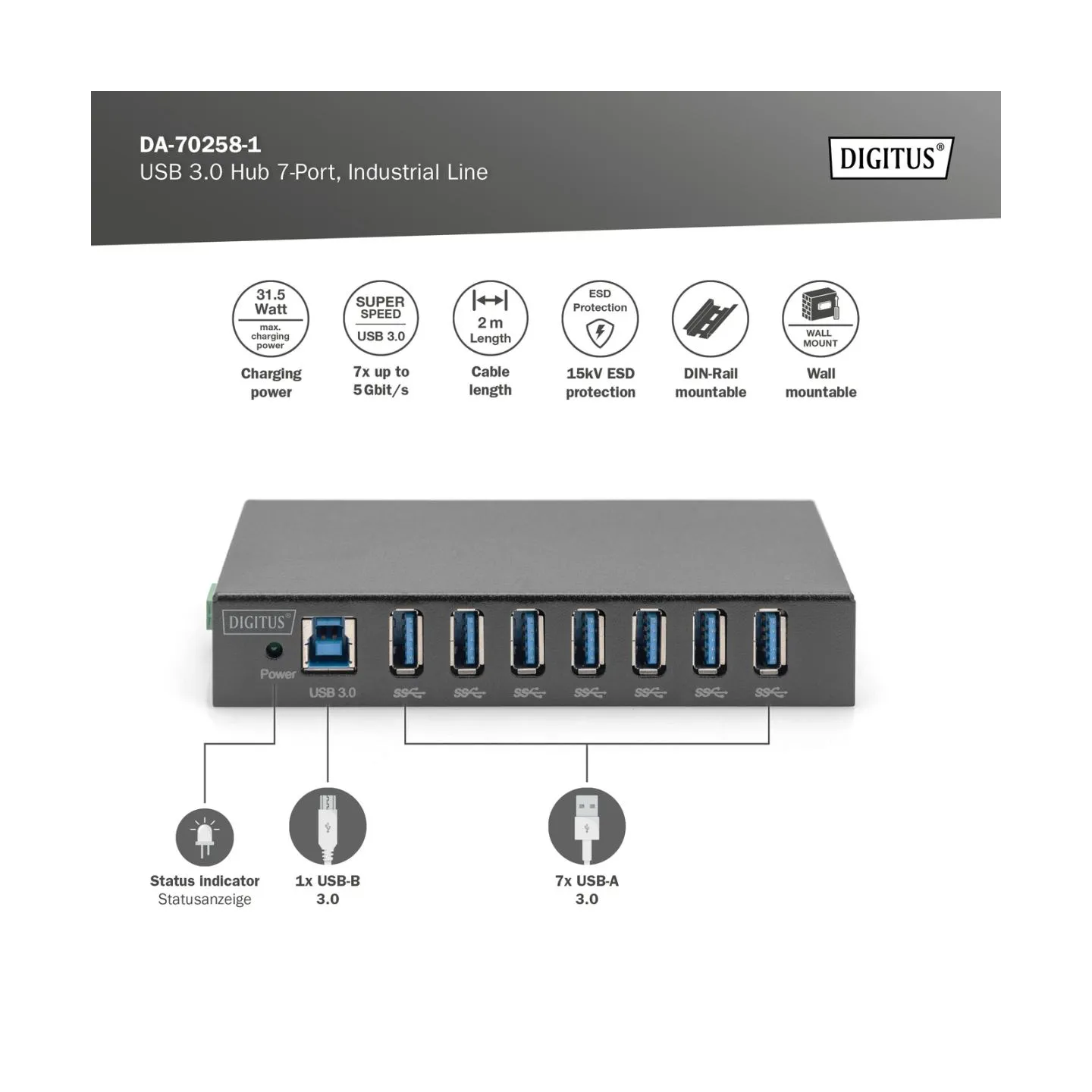 Digitus | USB 3.0 Hub 7-Port, Industrial Line | DA-70258-1