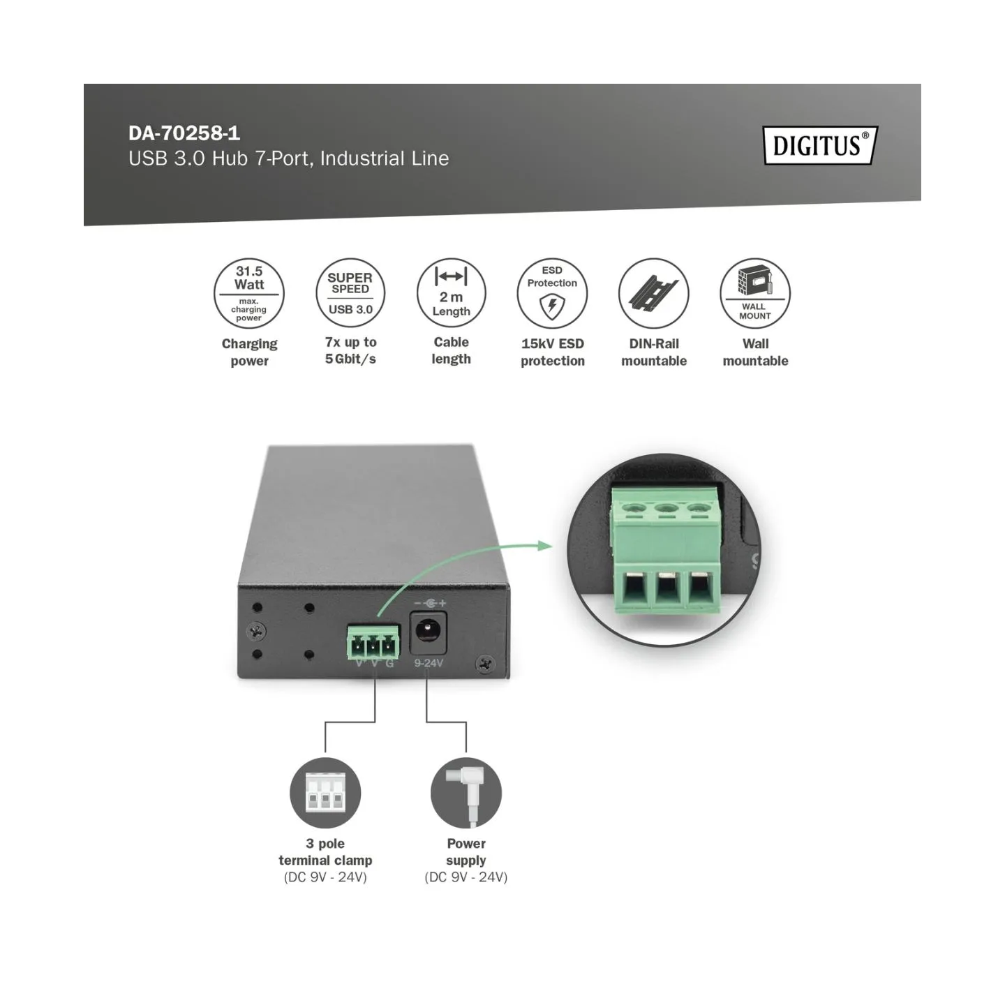 Digitus | USB 3.0 Hub 7-Port, Industrial Line | DA-70258-1