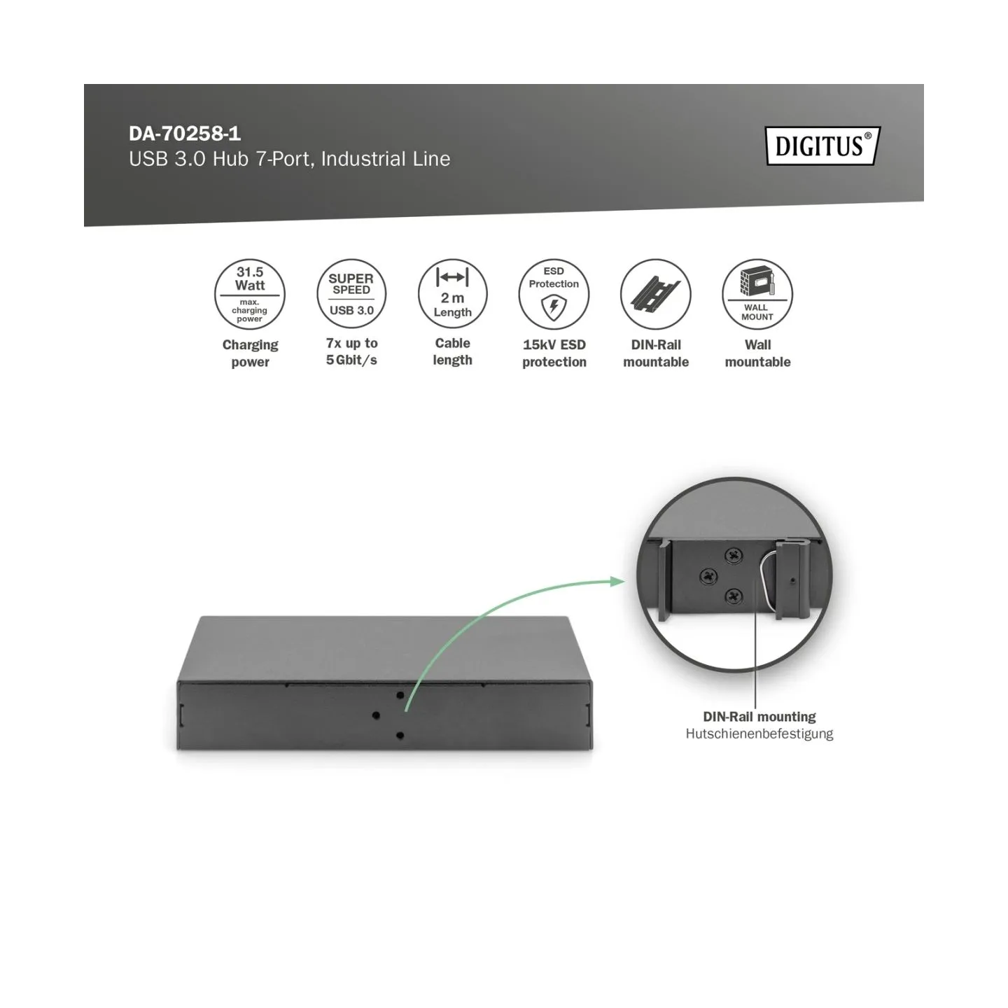 Digitus | USB 3.0 Hub 7-Port, Industrial Line | DA-70258-1