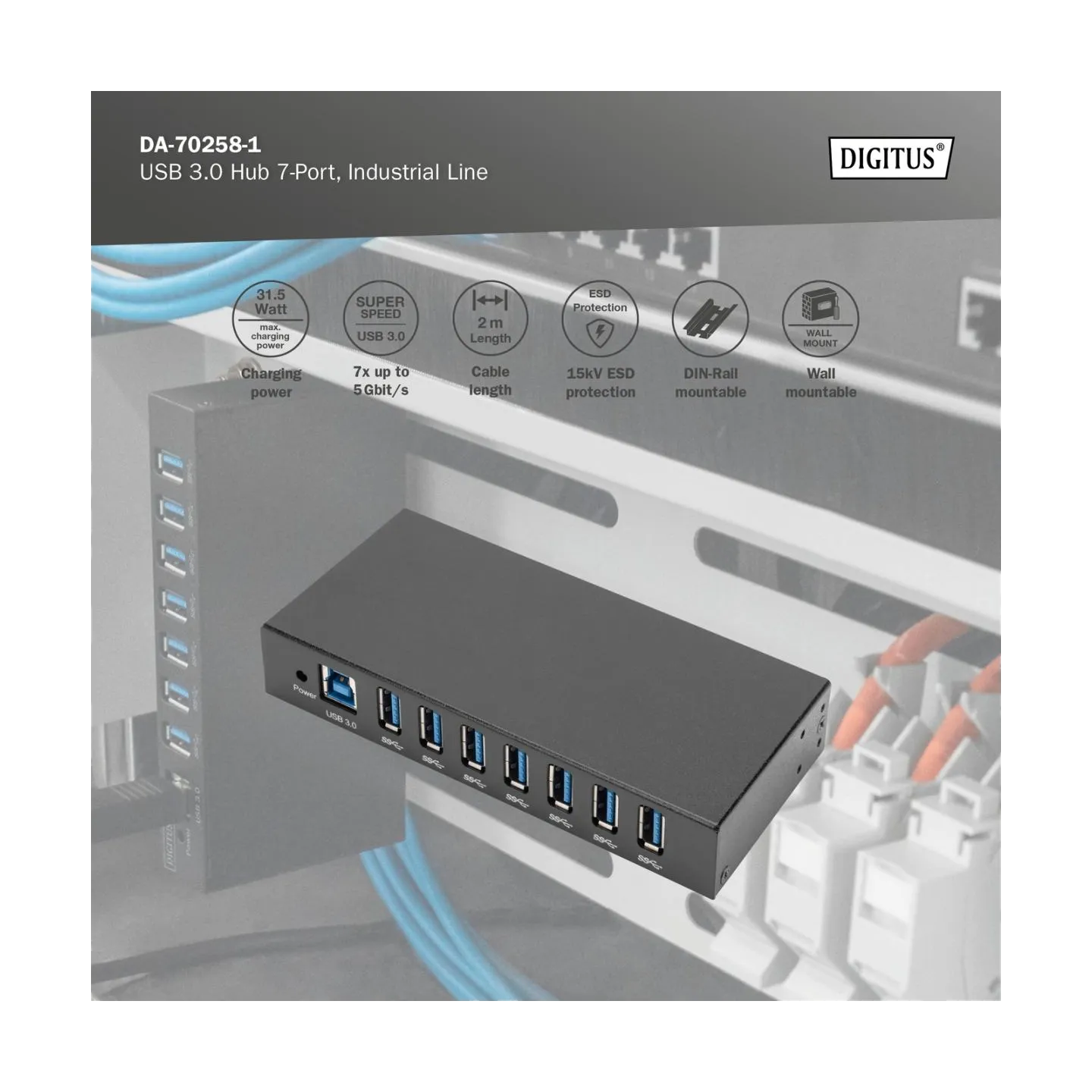 Digitus | USB 3.0 Hub 7-Port, Industrial Line | DA-70258-1