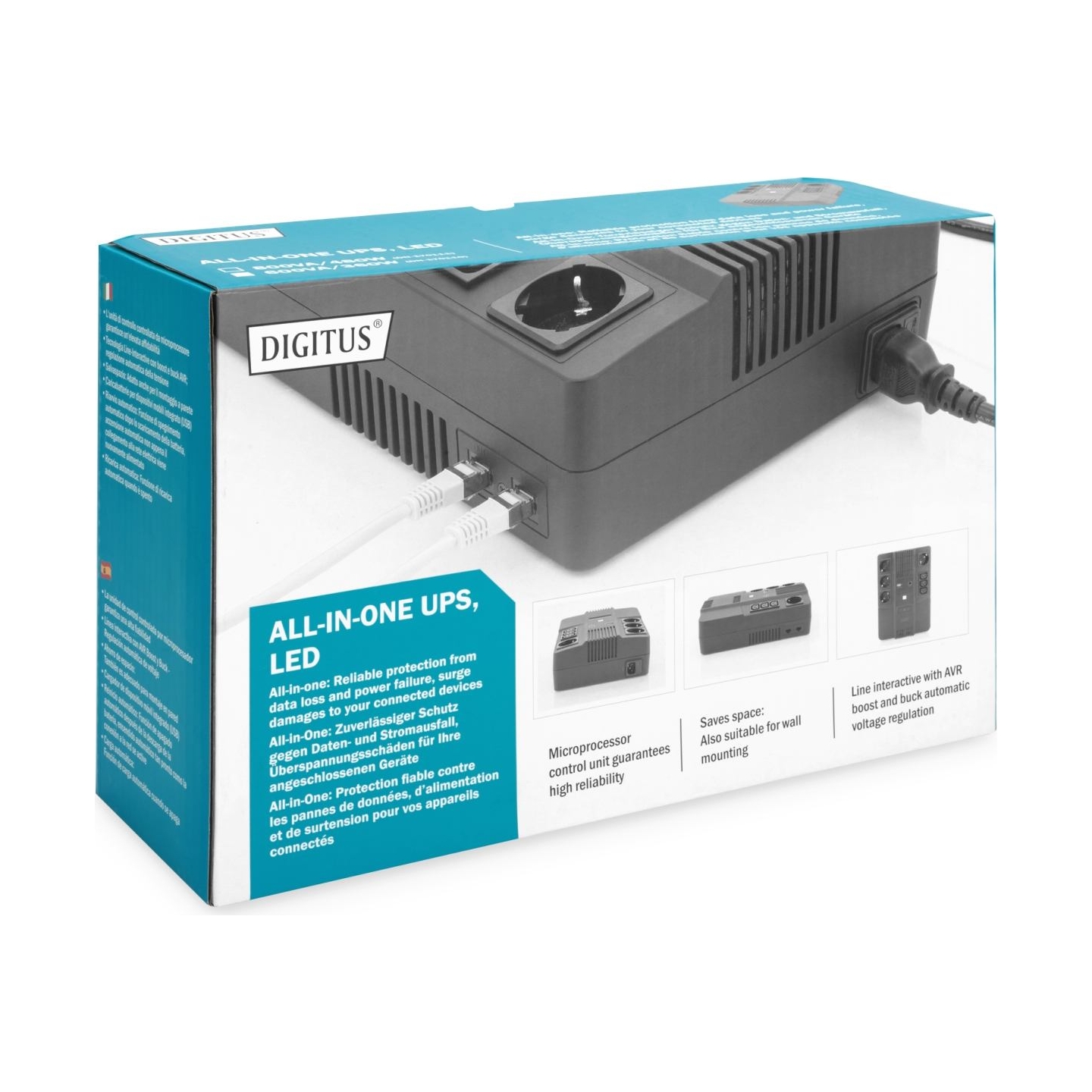 Digitus | All-in-One UPS | All-in-One UPS, 600VA/360W, LED 12V/7Ah x1, 4x CEE 7/7,3x IEC C13, USB, RJ45 | 600 VA | 360 W