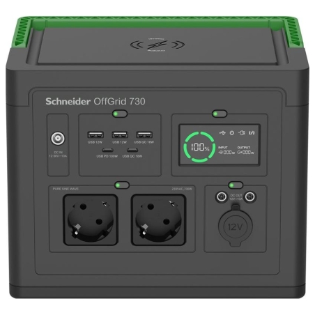 Schneider Electric OffGrid Portable Power Station 730, 738Wh Lithium-ion, LCD, 2 CEE 7/3 Schuko outlets, Sinewave, 3 USB-A, 2 US