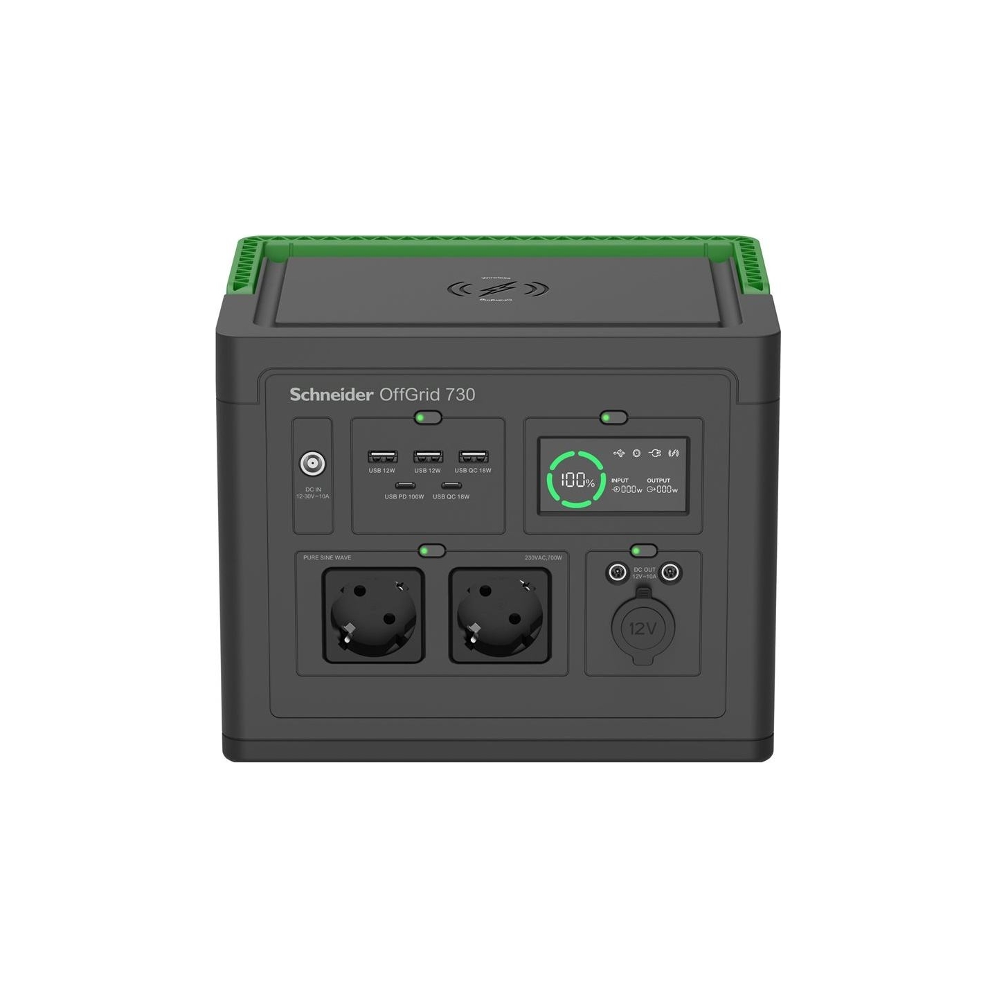 Schneider Electric OffGrid Portable Power Station 730, 738Wh Lithium-ion, LCD, 2 CEE 7/3 Schuko outlets, Sinewave, 3 USB-A, 2 US