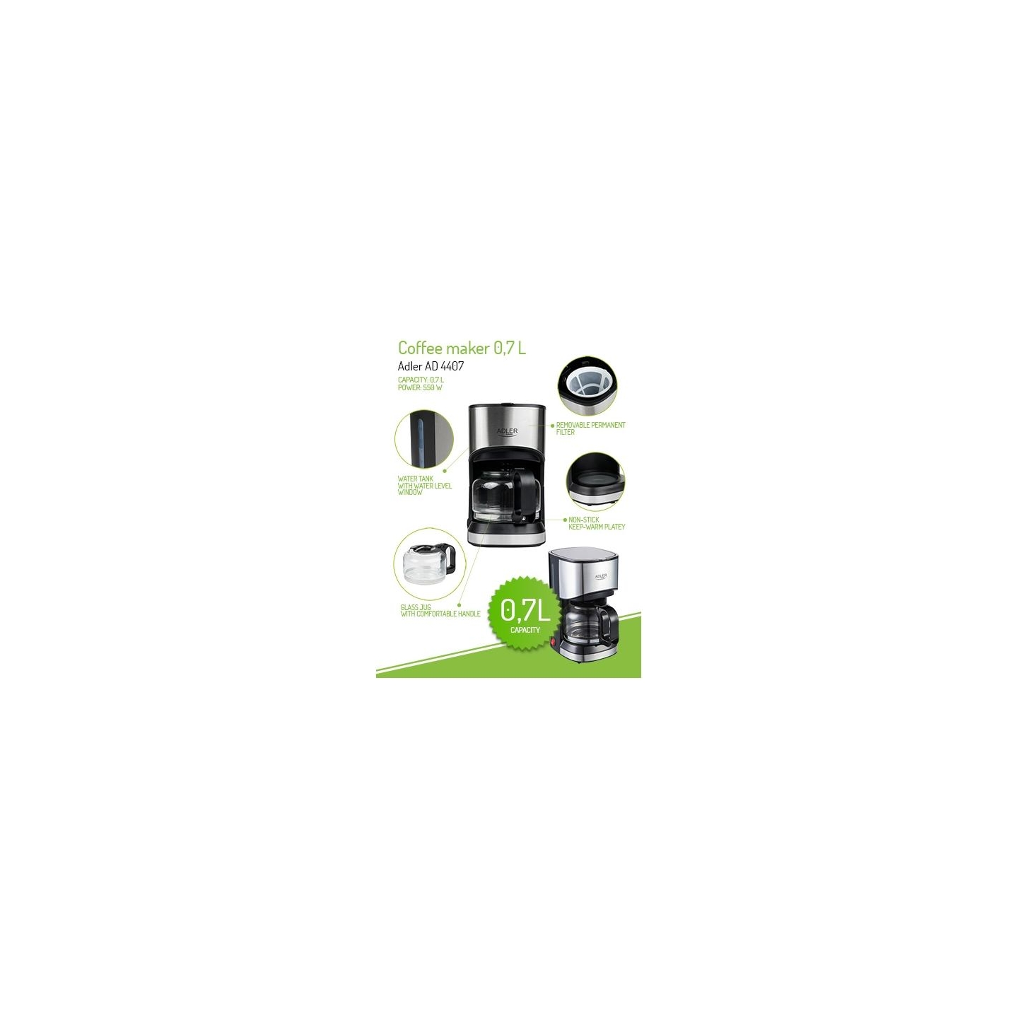 Adler | Coffee maker | AD 4407 | Drip | 550 W | Black