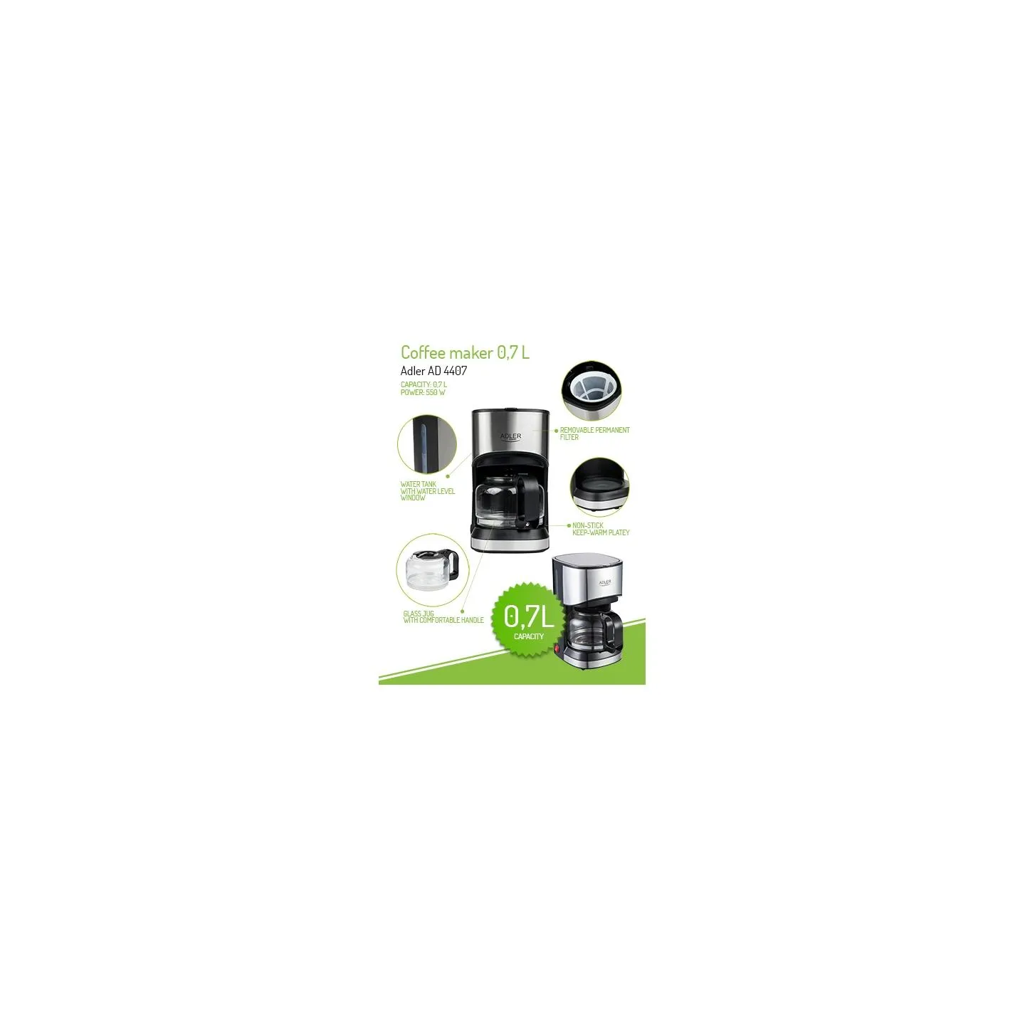 Adler | Coffee maker | AD 4407 | Drip | 550 W | Black