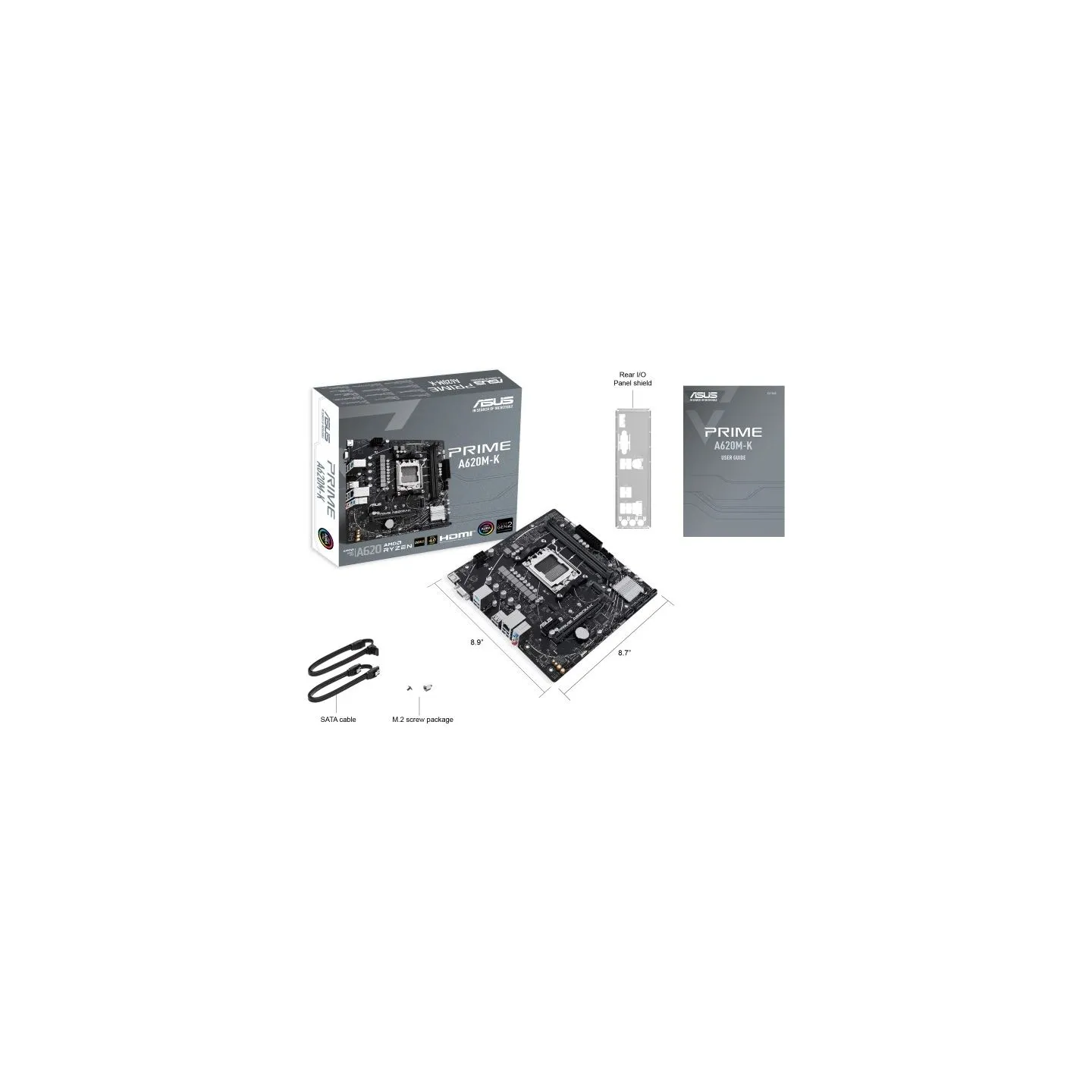 Asus | PRIME A620M-K | Processor family AMD | Processor socket AM5 | DDR5 DIMM | Memory slots 2 | Supported hard disk drive inte