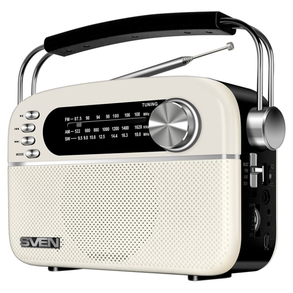 Sven Speaker SVEN SRP-505, white (3W, Bluetooth, FM/AM/SW, USB, microSD, AUX, battery)
