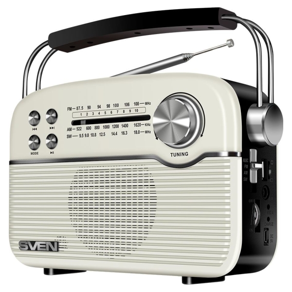 Sven Speaker SVEN SRP-500, white (3W, Bluetooth, FM/AM/SW, USB, microSD, AUX, battery)