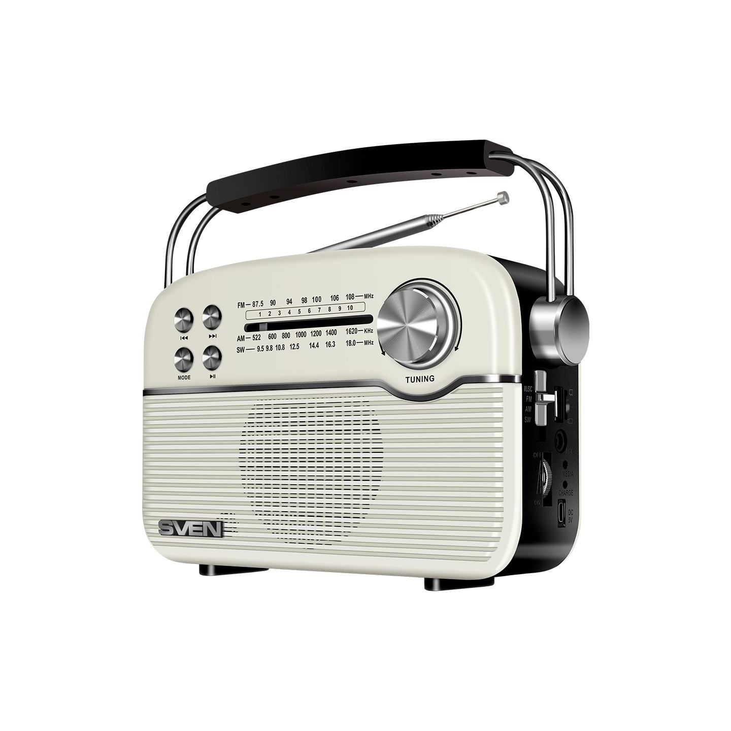 Sven Speaker SVEN SRP-500, white (3W, Bluetooth, FM/AM/SW, USB, microSD, AUX, battery)