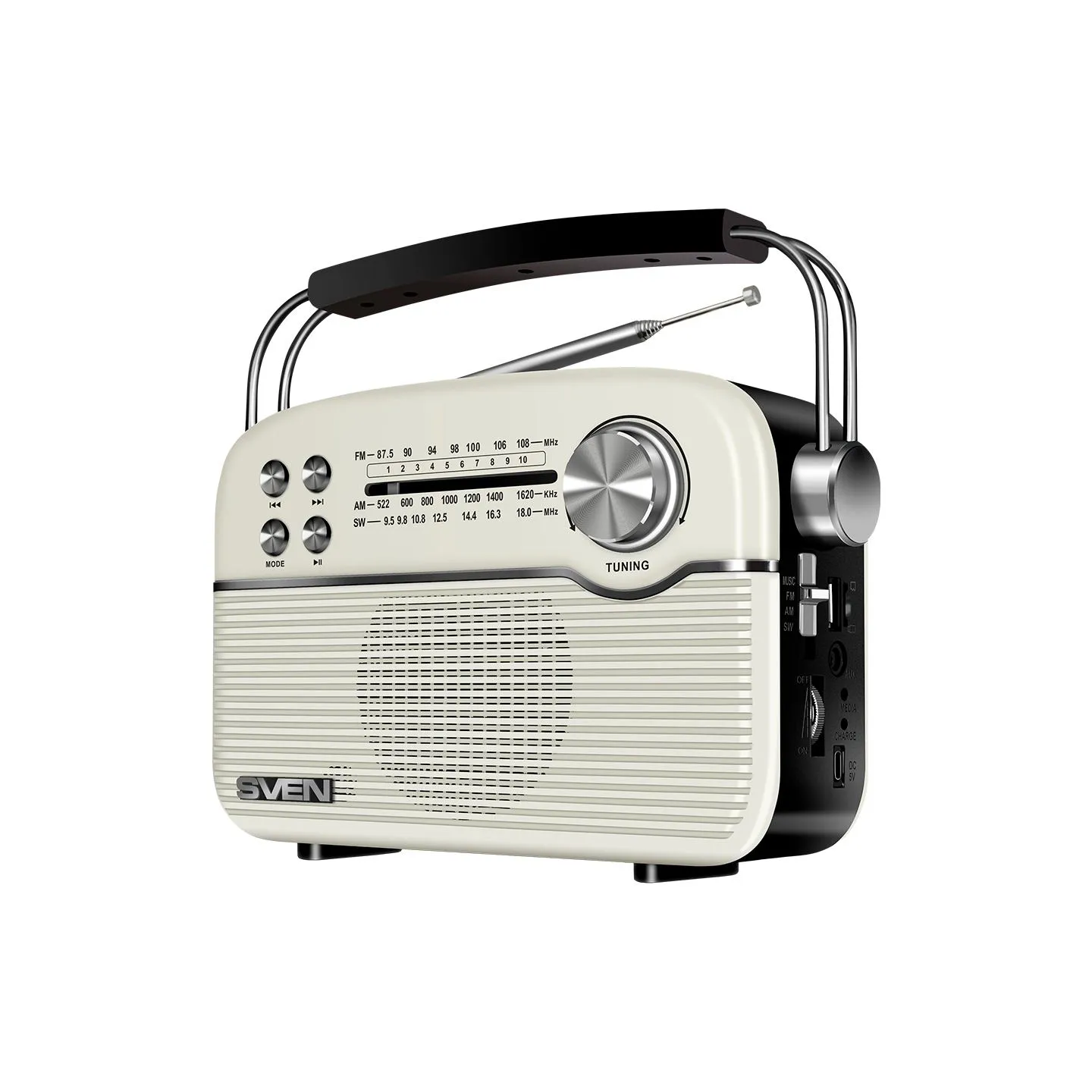 Sven Speaker SVEN SRP-500, white (3W, Bluetooth, FM/AM/SW, USB, microSD, AUX, battery)
