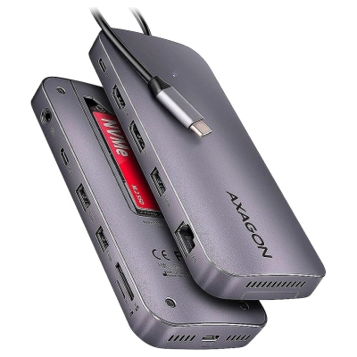 Axagon Multiport USB-C 10Gbps hub. NVMe/SATA M.2, HDMI and DisplayPort. Cable USB-C 50 cm.
