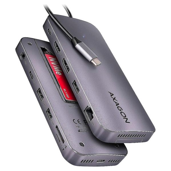 Axagon Multiport USB-C 10Gbps hub. NVMe/SATA M.2, HDMI and DisplayPort. Cable USB-C 50 cm.