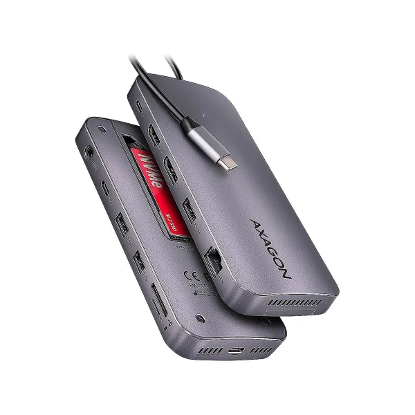 Axagon Multiport USB-C 10Gbps hub. NVMe/SATA M.2, HDMI and DisplayPort. Cable USB-C 50 cm.