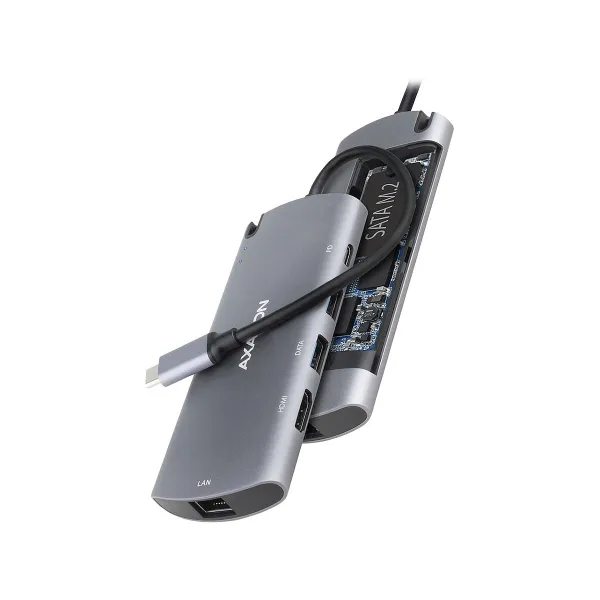 Axagon HMC-6M2 SUPERSPEED USB-C COMBO 6IN1 HUBMultiport USB 3.2 Gen 1 hub. SATA M.2, HDMI, Gigabit LAN and Power Delivery. Cable