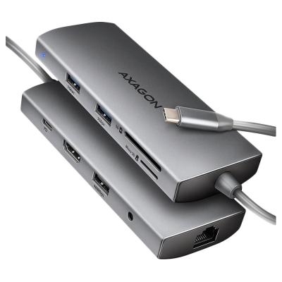 Axagon HMC-8HLSA USB-C 3.2 Gen 1 hub, 3x USB-A + 4K/30Hz HDMI + SD/microSD, GLAN, Audio, PD 100W, 20cm USB-C cable