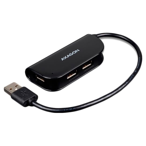 Axagon Handy four-port USB 2.0 hub with a permanently connected USB cable. Black.
