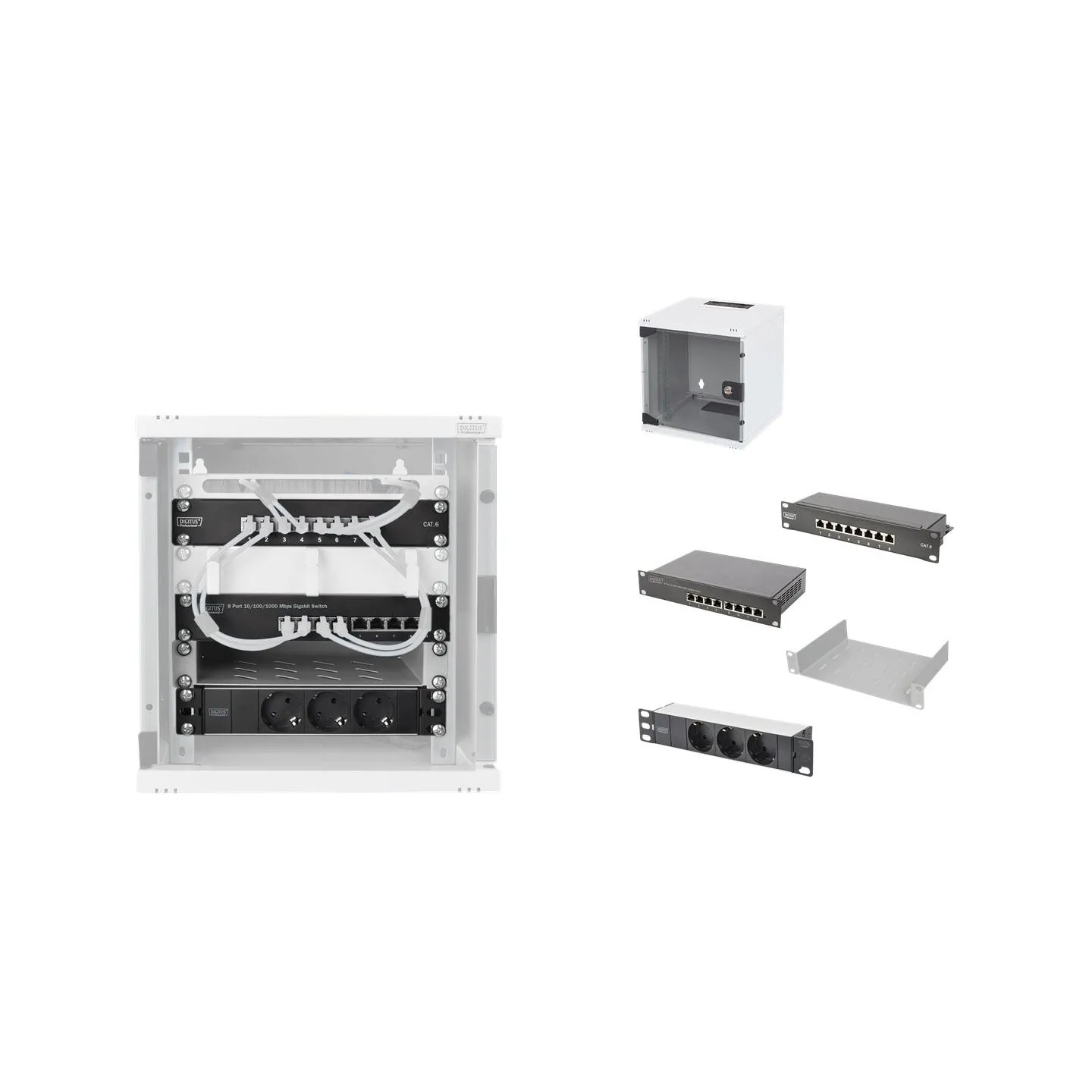 Digitus 10" Network Set, 6U cabinet, shelf, PDU, 8-port switch, CAT 6 patch panel, Grey | Digitus | Network Set | DN-10-SET-1