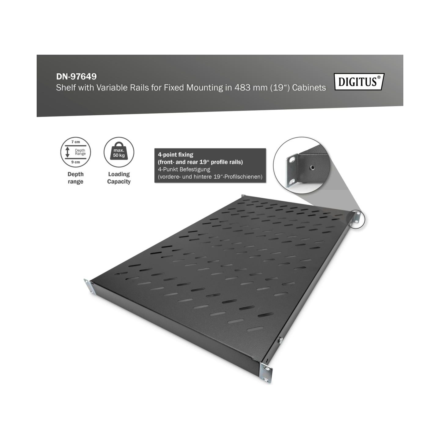 Digitus Shelf with Variable Rails for Fixed Mounting in 483 mm (19") Cabinets | DN-97649