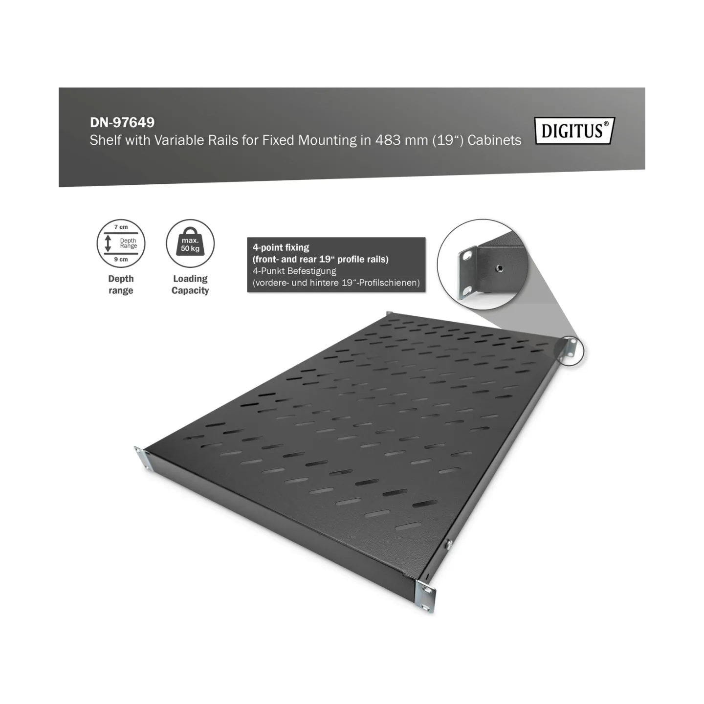 Digitus Shelf with Variable Rails for Fixed Mounting in 483 mm (19") Cabinets | DN-97649