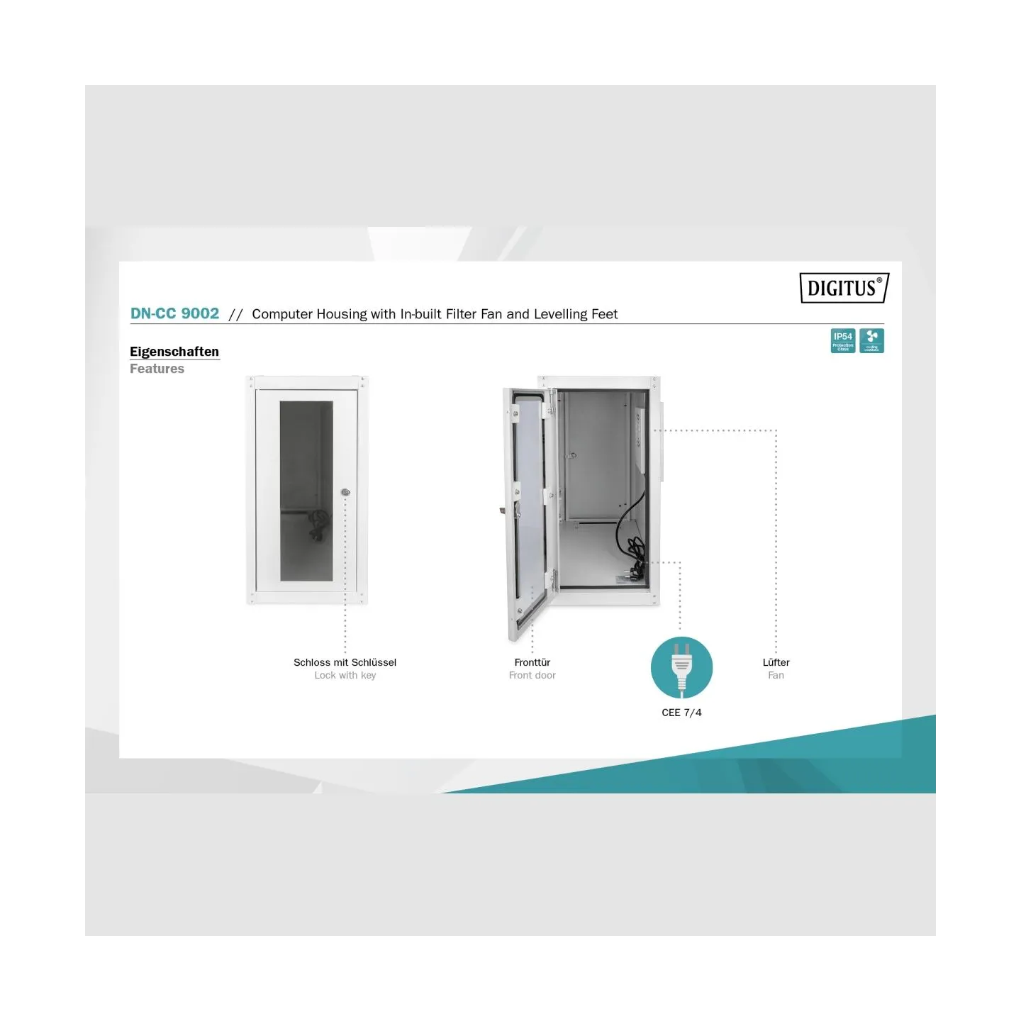 Digitus Computer housing with in-built filter fan and levelling feet | DN-CC 9002 | IP54 | Light grey