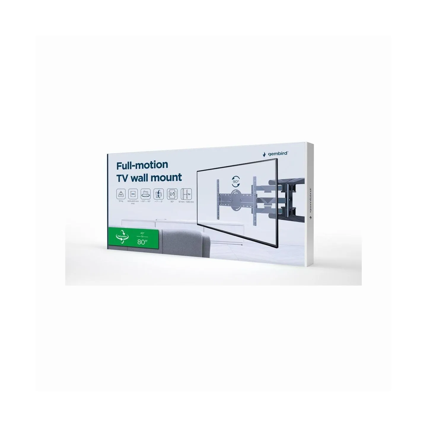 Gembird | Wall mount | WM-80STR-01 | Tilt, swivel, rotate | 40-80 " | Maximum weight (capacity) 50 kg | Black