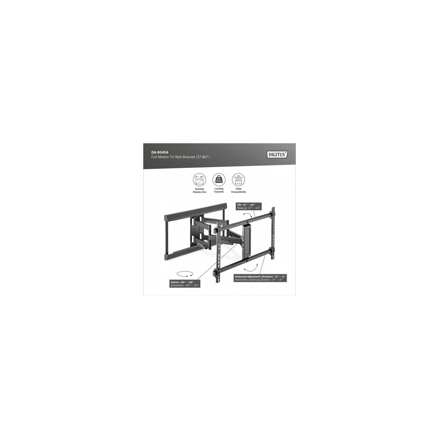 Digitus | Wall mount | 37-80 " | Maximum weight (capacity) 60 kg | Black
