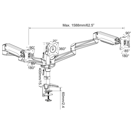 Digitus Desk Mount | Triple Monitor Gas Spring Mount DA-90363 | Adjustable Height, Tilt, Swivel | 15-27 " | Maximum weight (capa