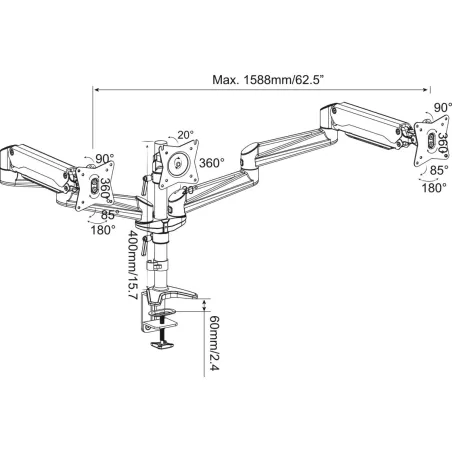 Digitus Desk Mount | Triple Monitor Gas Spring Mount DA-90363 | Adjustable Height, Tilt, Swivel | 15-27 " | Maximum weight (capa