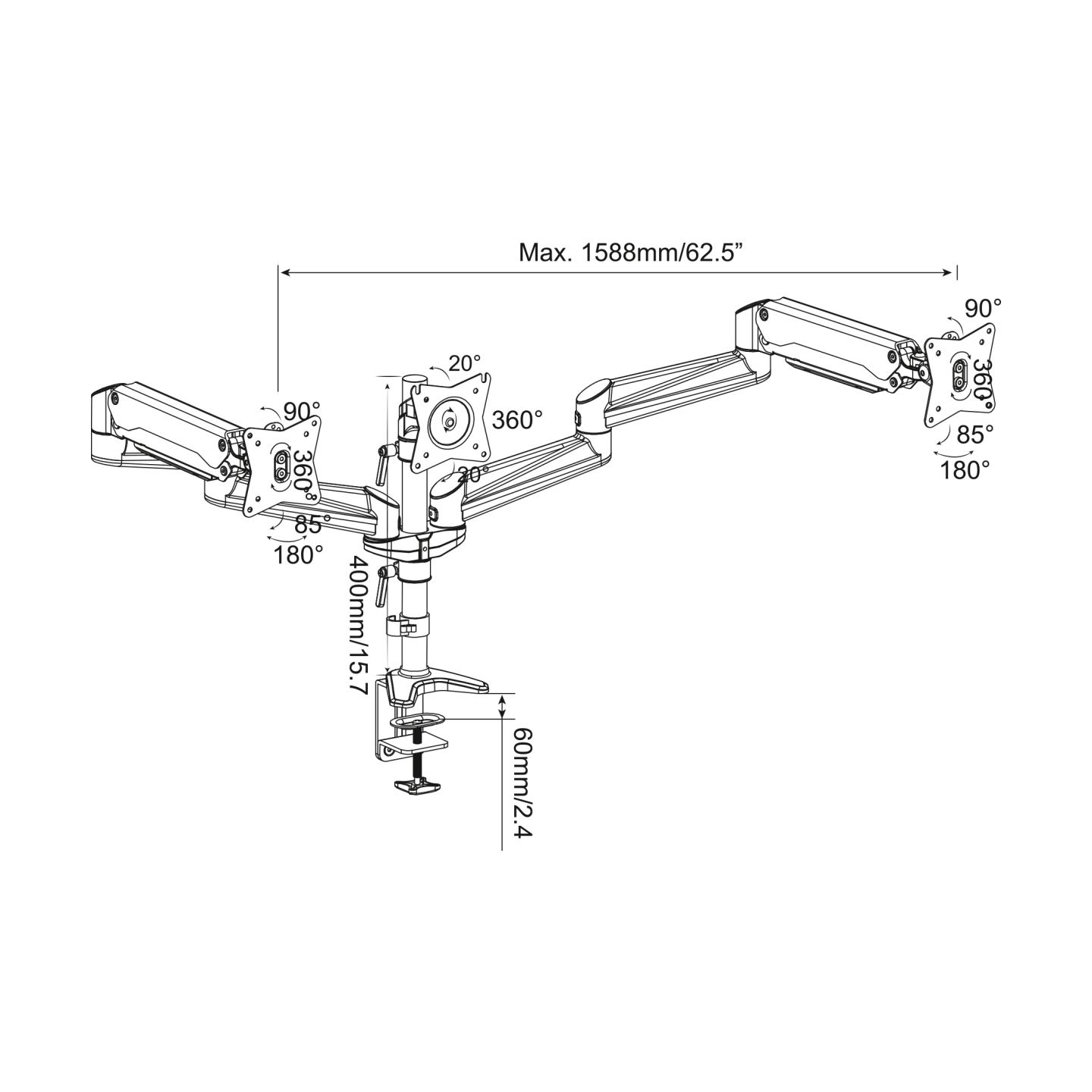 Digitus Desk Mount | Triple Monitor Gas Spring Mount DA-90363 | Adjustable Height, Tilt, Swivel | 15-27 " | Maximum weight (capa