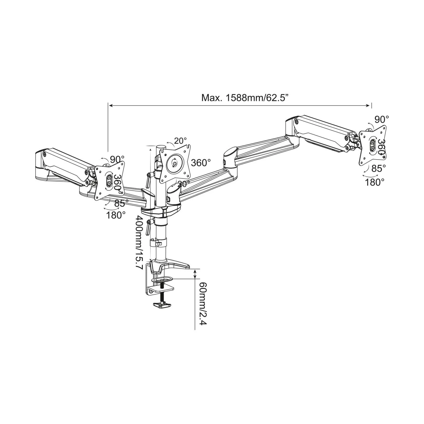 Digitus Desk Mount | Triple Monitor Gas Spring Mount DA-90363 | Adjustable Height, Tilt, Swivel | 15-27 " | Maximum weight (capa