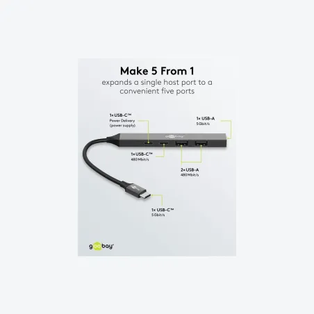 Goobay Slim 5-Port USB Hub, USB-C to USB-C/USB-A, 5 Gbit/s | 74460