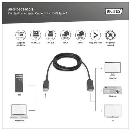 Digitus Adapter Cable, DP - HDMI type A | DisplayPort to HDMI | 2 m