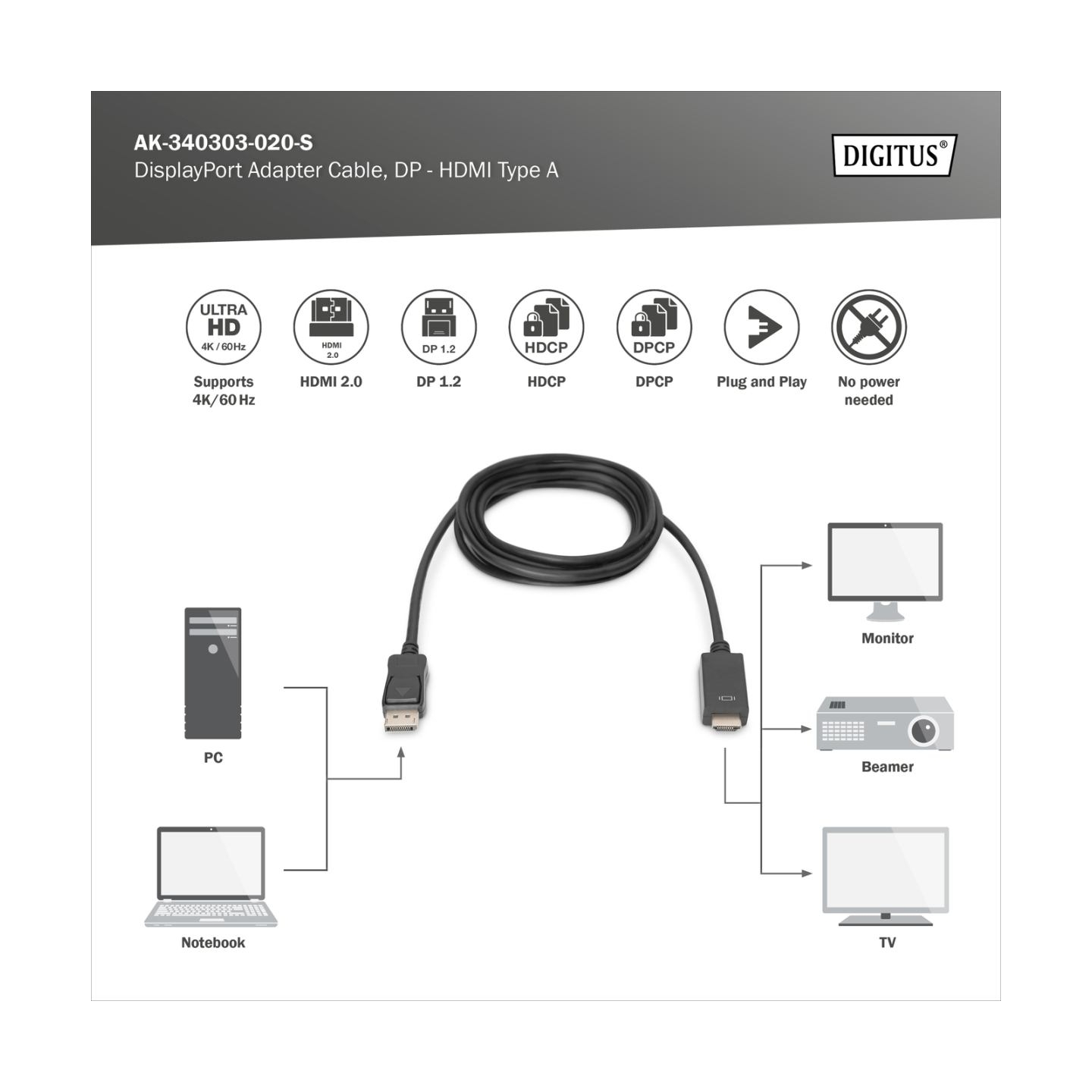 Digitus Adapter Cable, DP - HDMI type A | DisplayPort to HDMI | 2 m