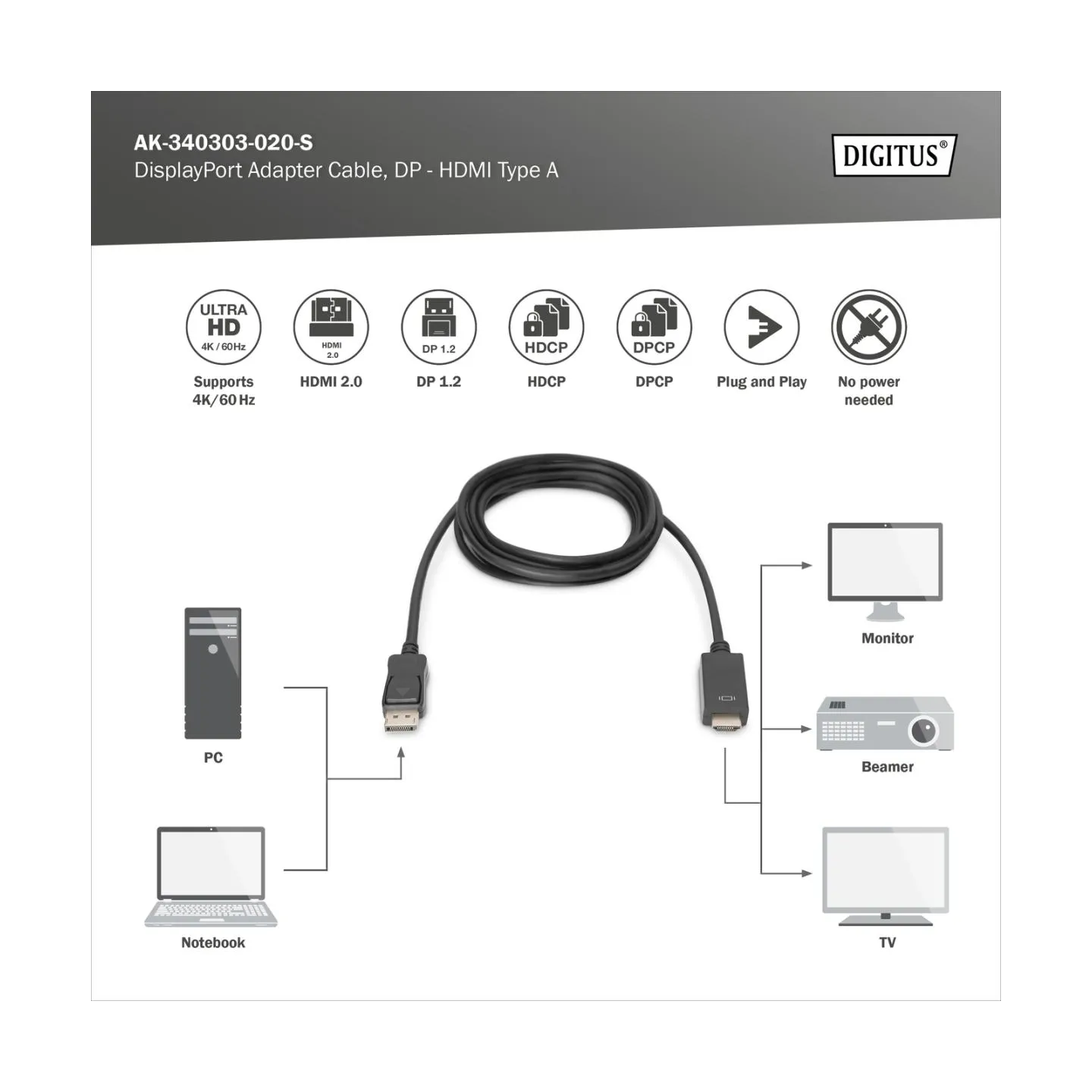 Digitus Adapter Cable, DP - HDMI type A | DisplayPort to HDMI | 2 m