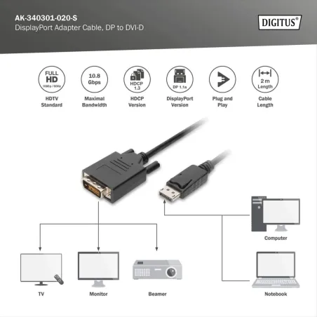 Digitus Adapter Cable, DP - DVI | DisplayPort | 2 m