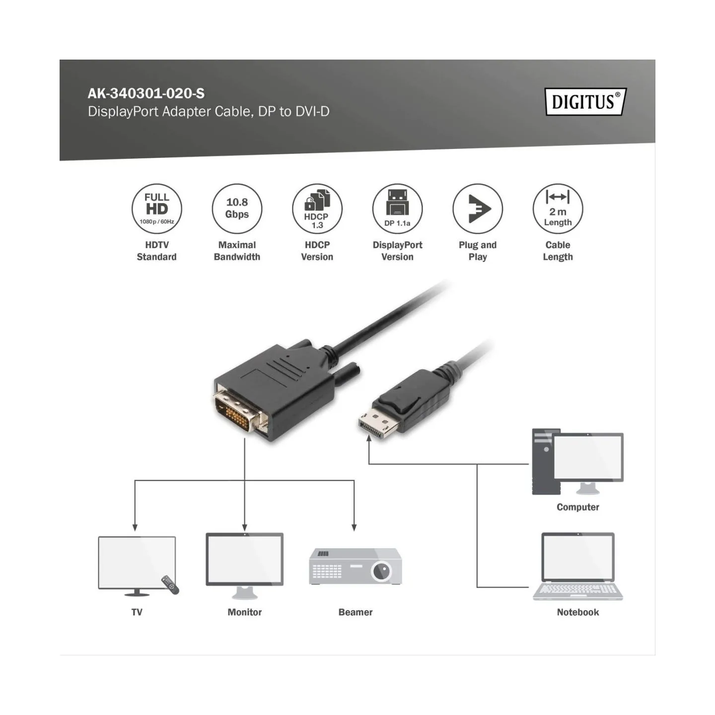 Digitus Adapter Cable, DP - DVI | DisplayPort | 2 m