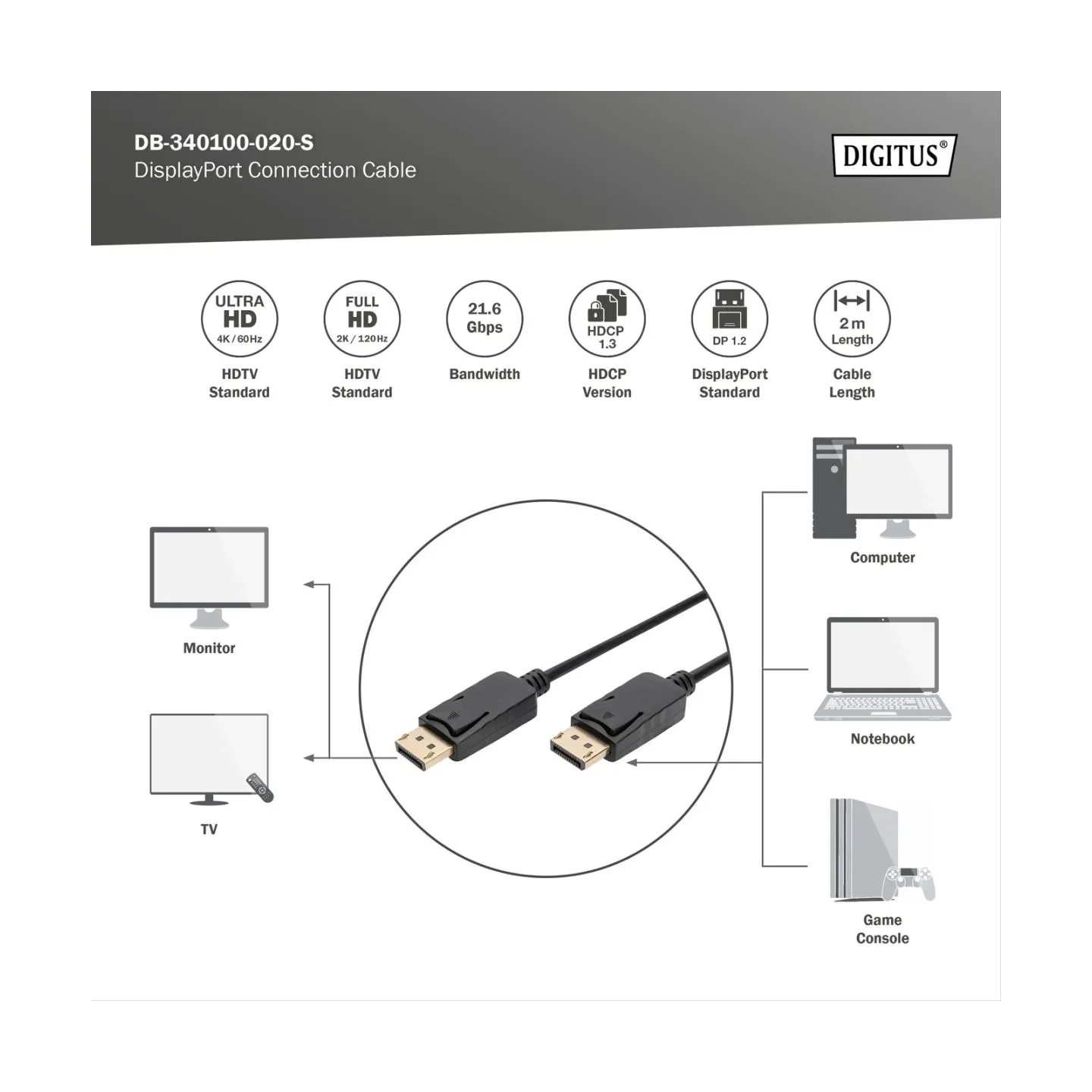 Digitus DisplayPort Connection Cable | DisplayPort | 2 m