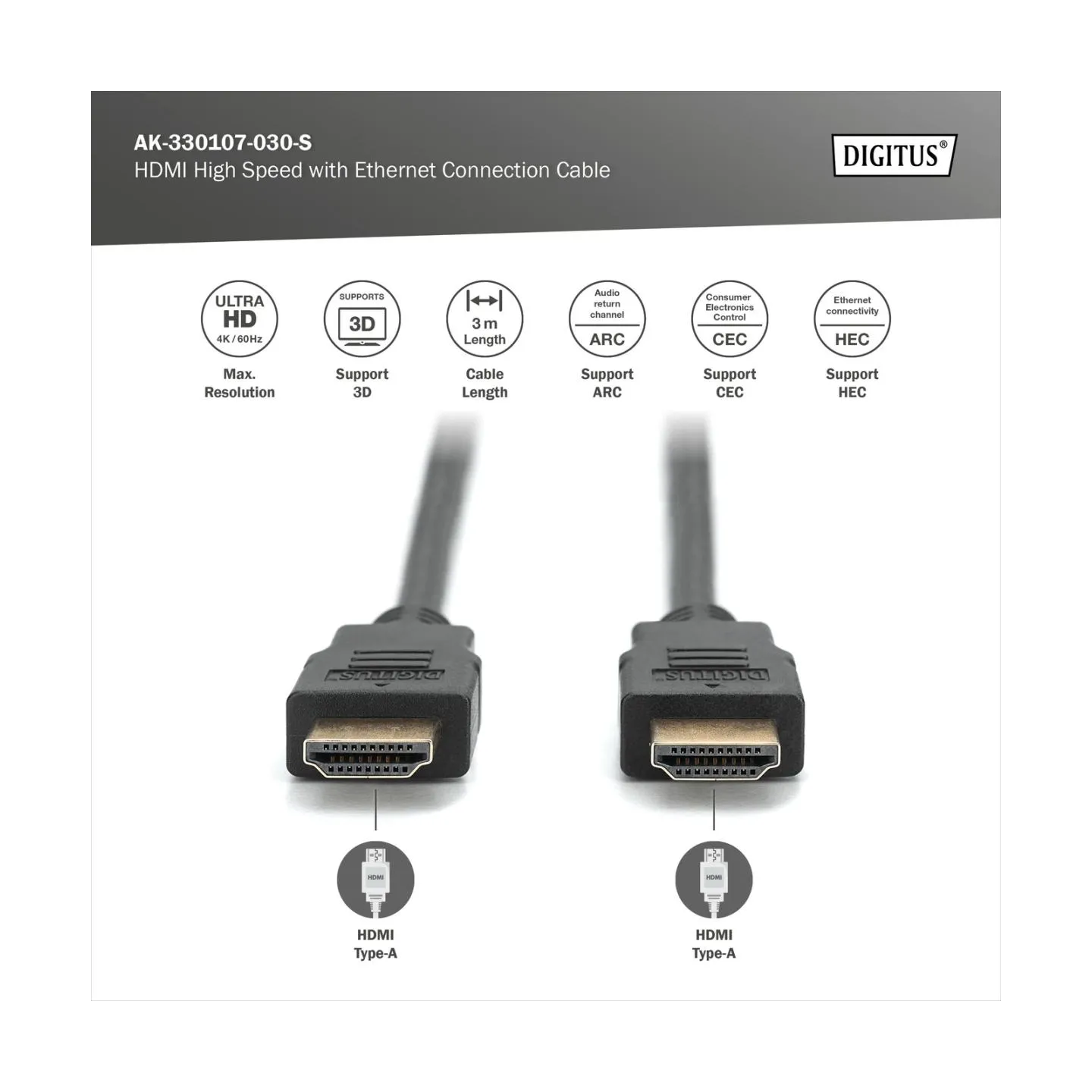 Digitus 4K HDMI 2.0 Connection Cable | HDMI to HDMI | 3 m