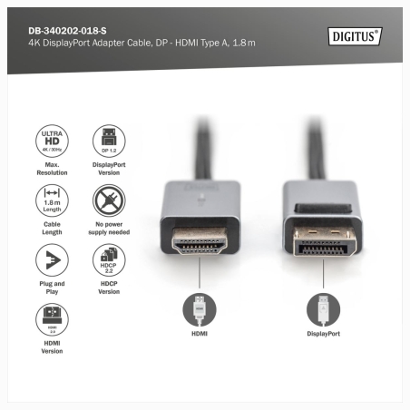 Digitus 4K DisplayPort Adapter Cable, DP - HDMI Type A | DB-340202-018-S | 1.8 m