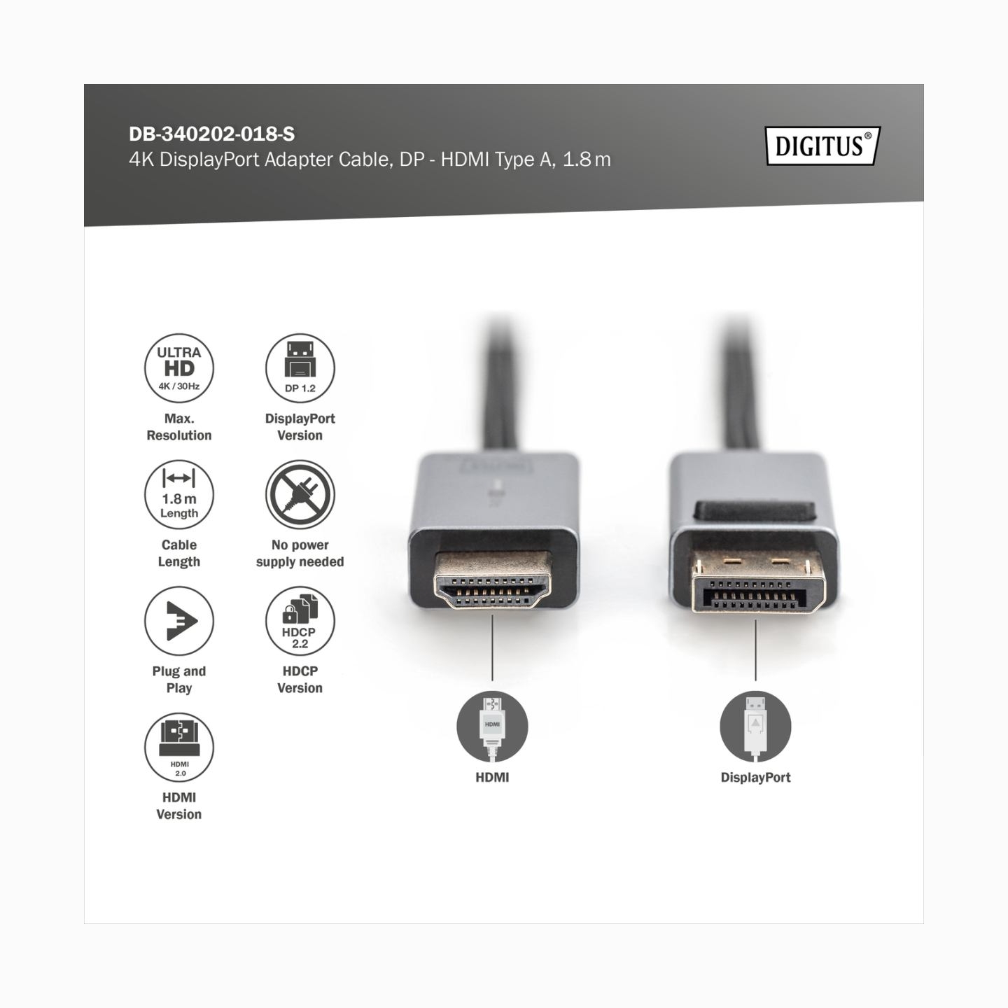 Digitus 4K DisplayPort Adapter Cable, DP - HDMI Type A | DB-340202-018-S | 1.8 m