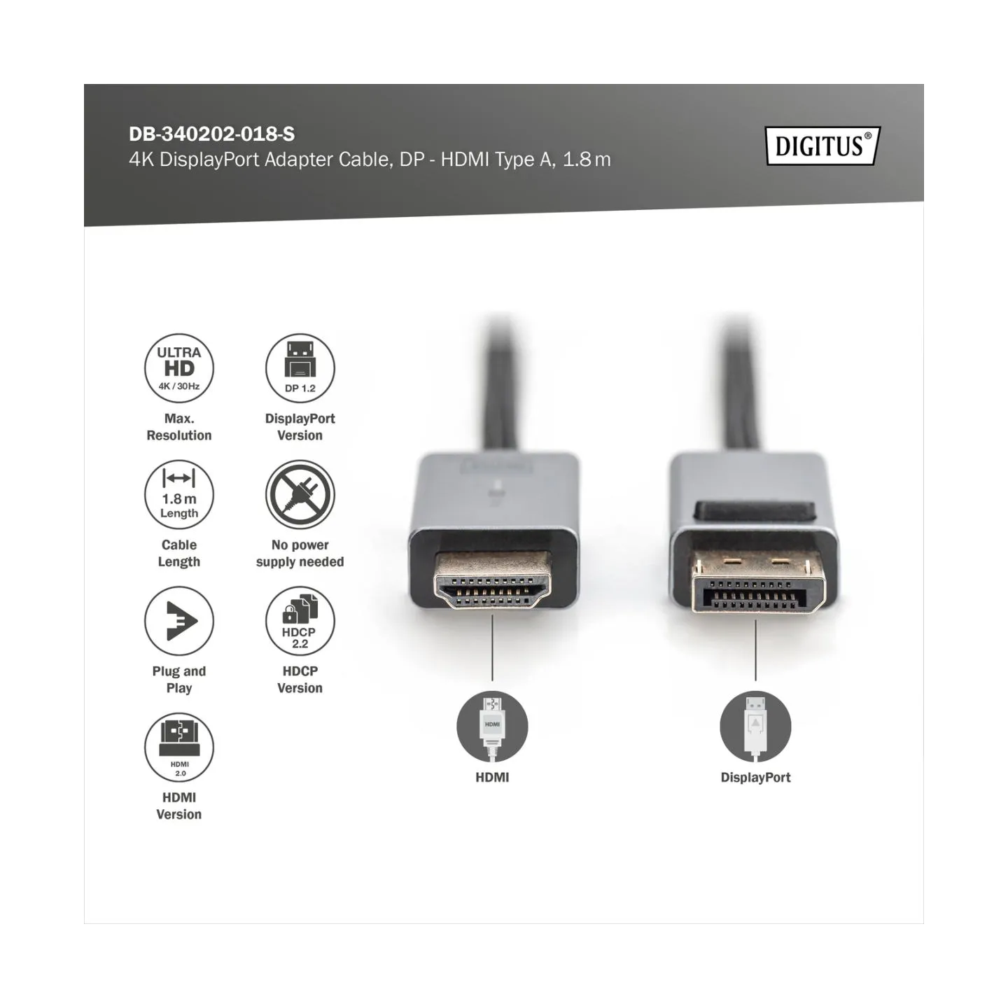 Digitus 4K DisplayPort Adapter Cable, DP - HDMI Type A | DB-340202-018-S | 1.8 m