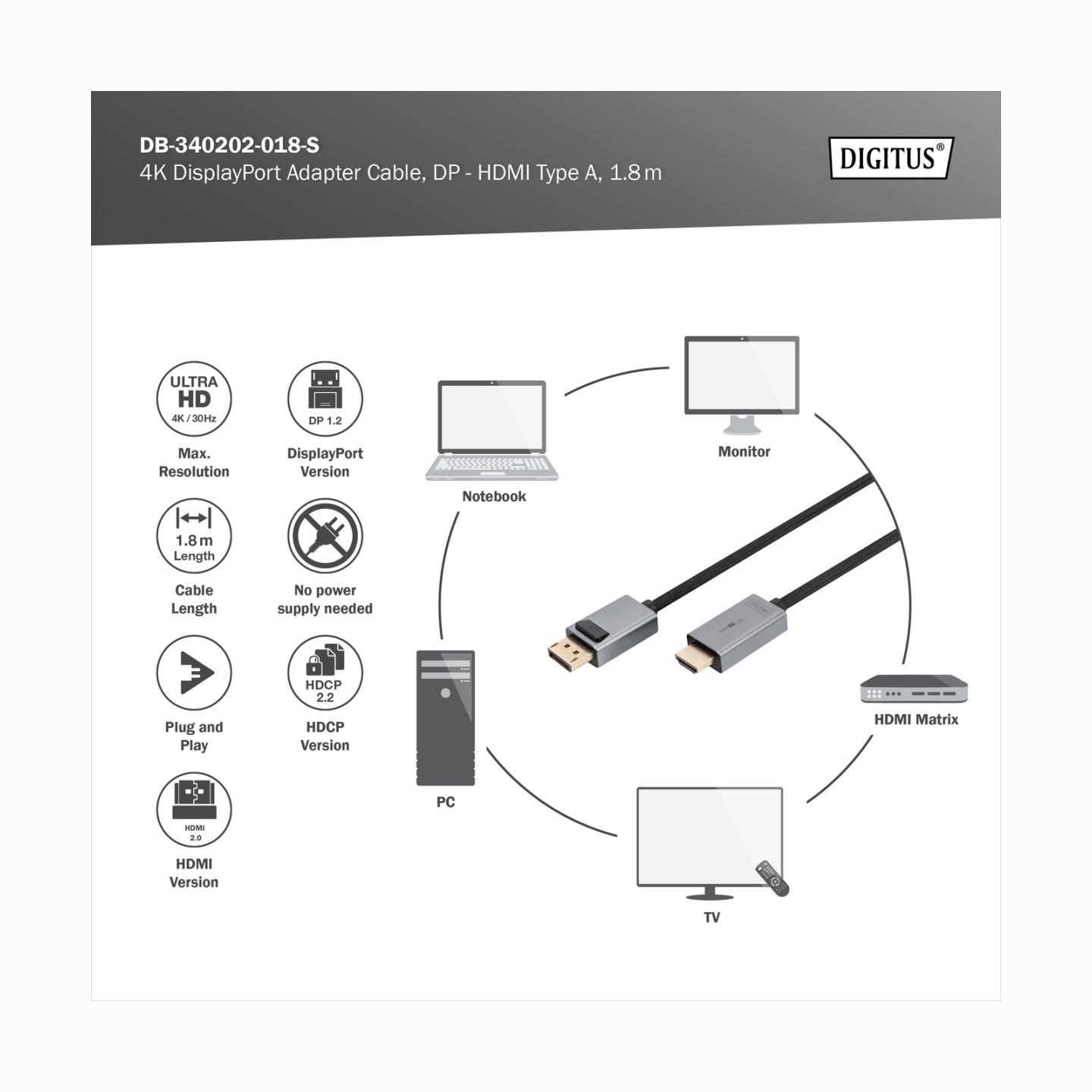 Digitus 4K DisplayPort Adapter Cable, DP - HDMI Type A | DB-340202-018-S | 1.8 m