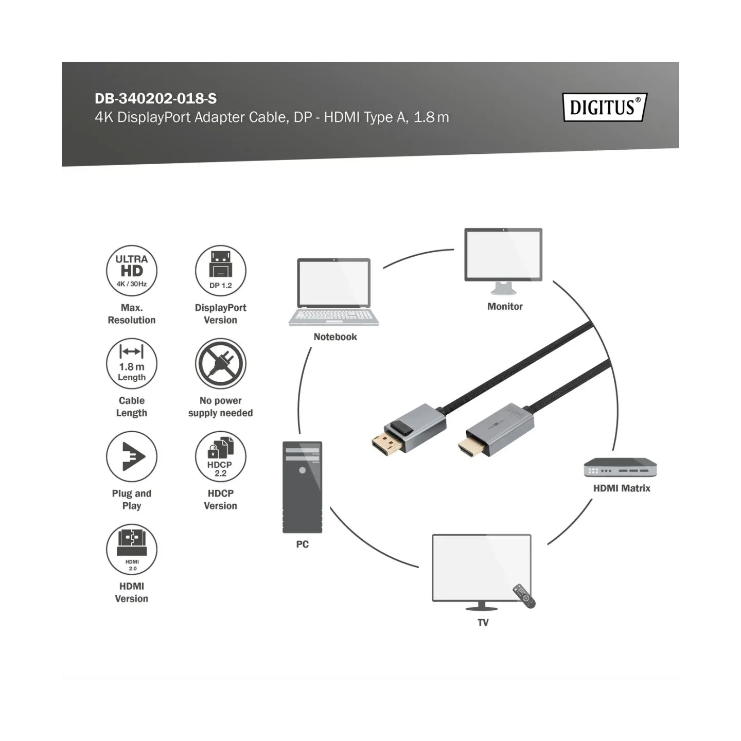 Digitus 4K DisplayPort Adapter Cable, DP - HDMI Type A | DB-340202-018-S | 1.8 m