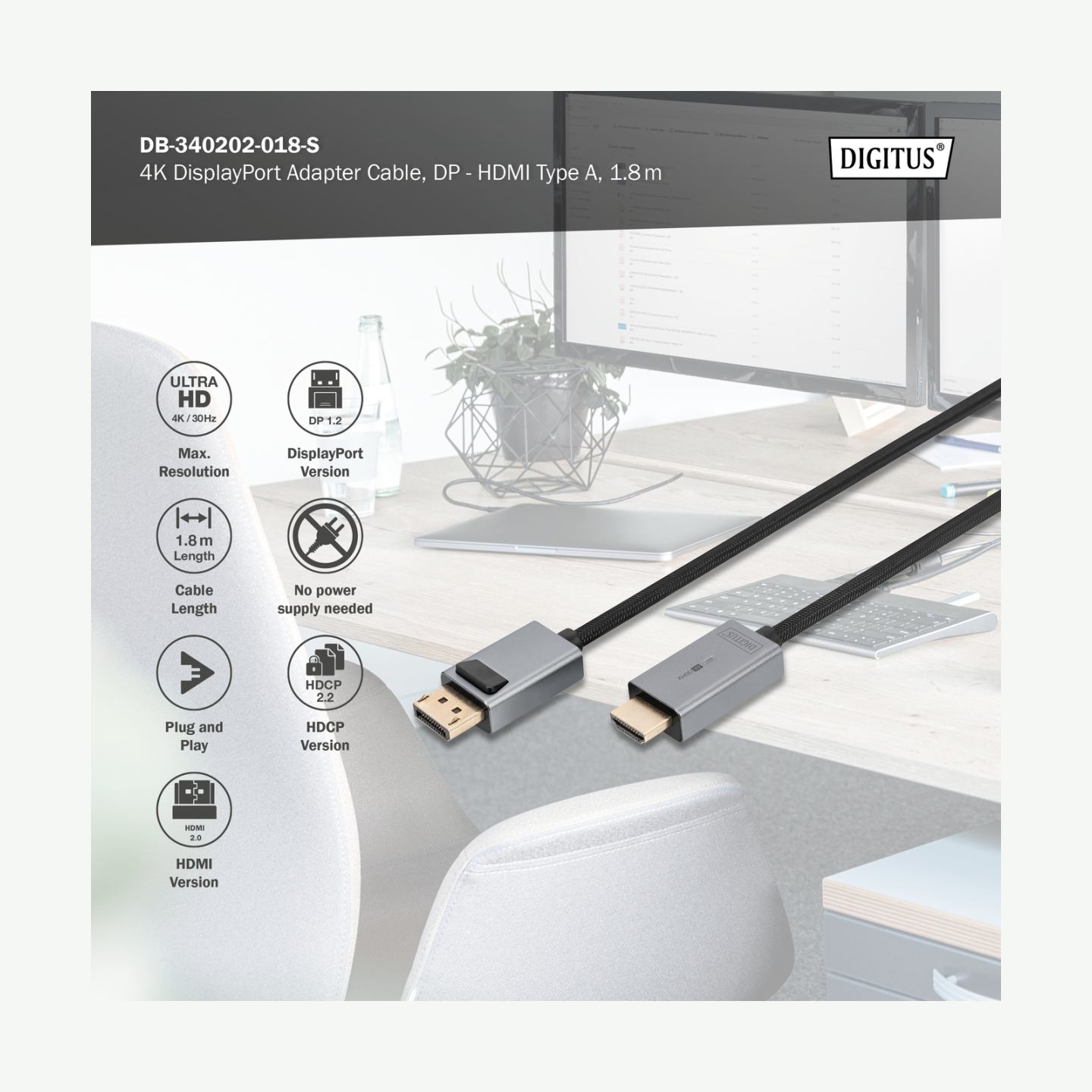 Digitus 4K DisplayPort Adapter Cable, DP - HDMI Type A | DB-340202-018-S | 1.8 m