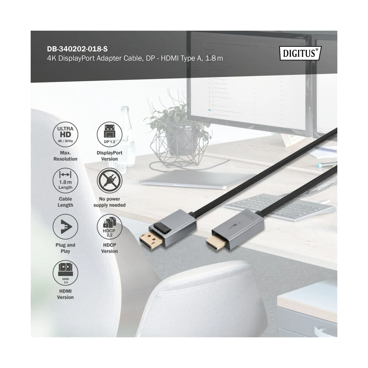 Digitus 4K DisplayPort Adapter Cable, DP - HDMI Type A | DB-340202-018-S | 1.8 m