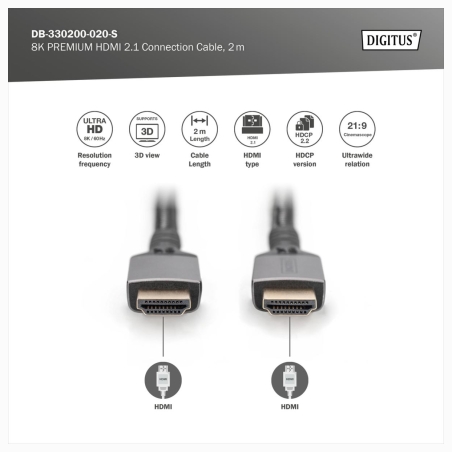 Digitus 8K HDMI Ultra High Speed Connection Cable | DB-330200-020-S | 2 m