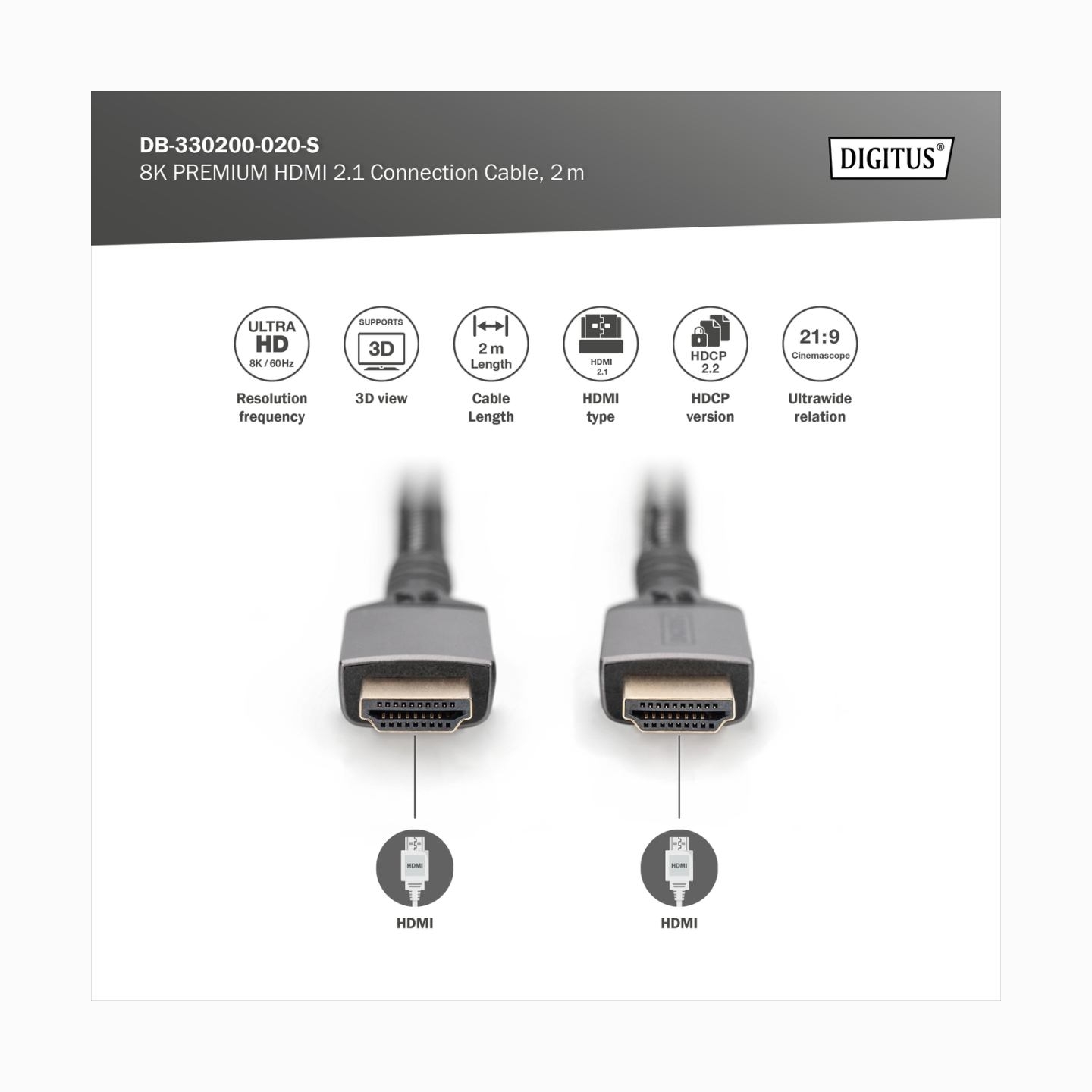 Digitus 8K HDMI Ultra High Speed Connection Cable | DB-330200-020-S | 2 m