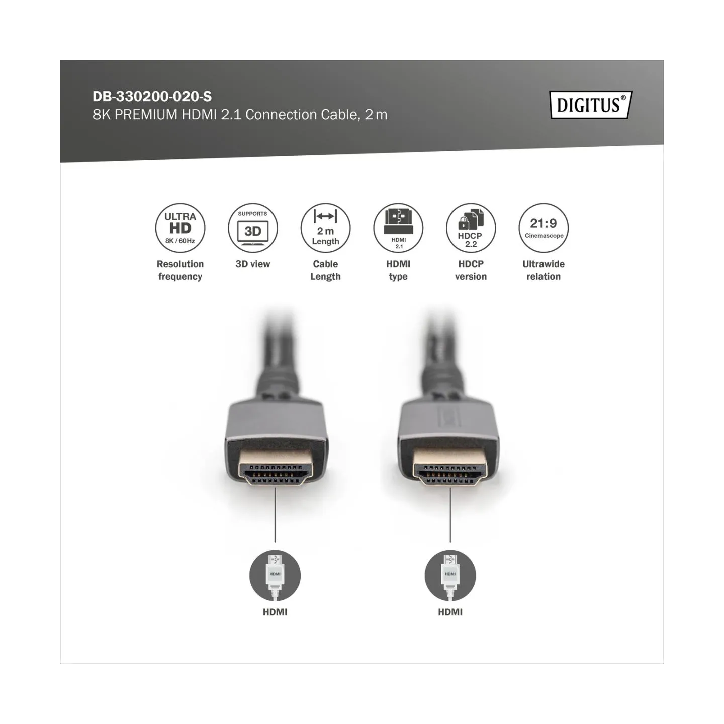 Digitus 8K HDMI Ultra High Speed Connection Cable | DB-330200-020-S | 2 m
